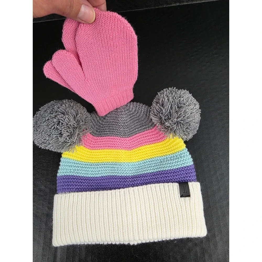 Igloos Youth Girls Rainbow Stripe Beanie‎ and Mittens Set Pink Grey OS NWT